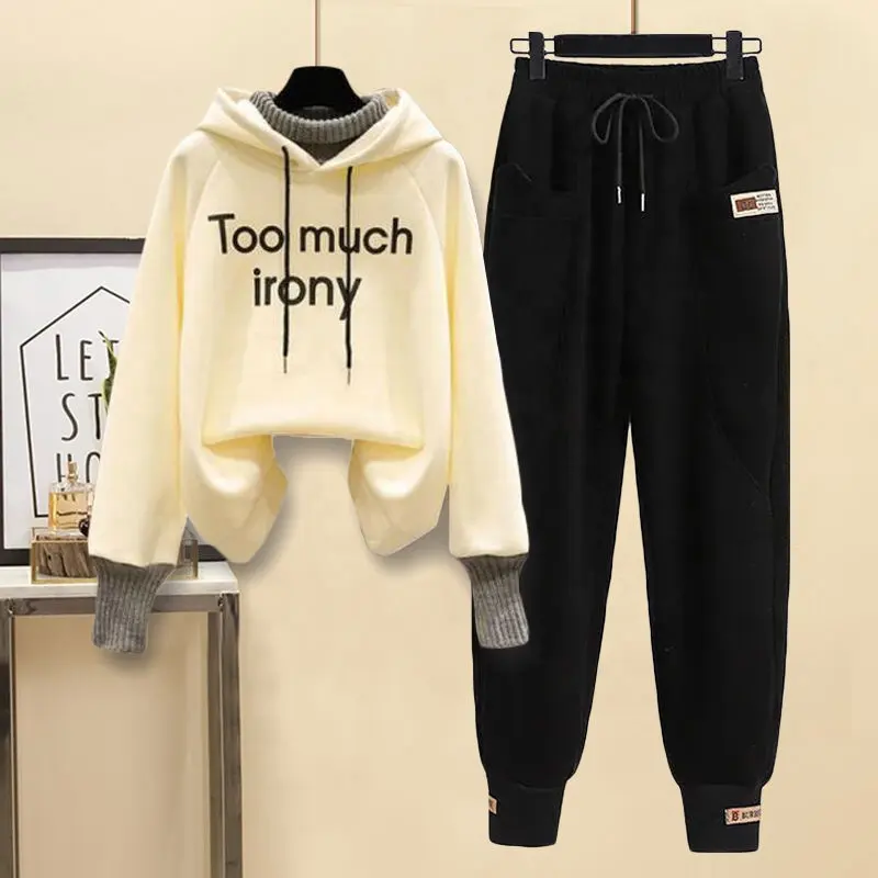 Warm Plush suit winter heavy industry leave two-piece sweater for women with legged Harlan casual pants two-piece suit
