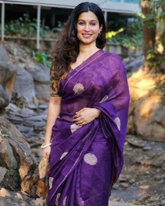 ผ้าไหมสไตล์ bhagalpuri สีม่วงสดใสหรูหรา pallu ทำงานยาวยาวผ้าส่าหรีกับวิ่งเสื้อชิ้น/ขายส่ง - Product Image 3