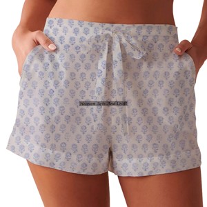 Shorts d'été pour femmes, style bohème, 100% coton, imprimé à la main, taille haute, fermeture élastique, shorts décontractés - Product Image 3