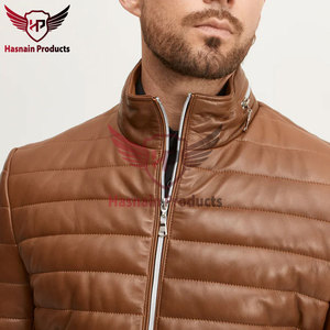 <b>Mens</b> Real Brown <b>Leather</b> <b>Jacket</b> High Stand Collar <b>Sheepskin</b> Horizontal Quilted Zip Pockets Puffer Coat Custom Winter Outerwear - Product Image 6