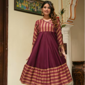 Kurti Anarkali de rayón con estampado de rayas para mujer, elegante para uso diario, tela suave, ajuste cómodo, atuendo tradicional indio con estilo. - Product Image 1