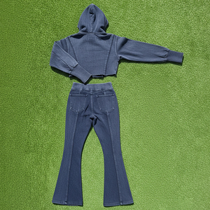 High Quality Streetwear Crop <b>Top</b> Zip Up Hoodie & Flare Sweatpants Set 100% Cotton Acid Washed Lightweight Gym Wear Tracksuit - Product Image 2