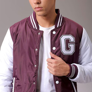 <b>Men</b> Varsity <b>Jacket</b> Maroon <b>White</b> Letter G Embroidered Preppy Style Regular Fit Cotton Filled Stand Collar Patchwork Winter Wear - Product Image 4
