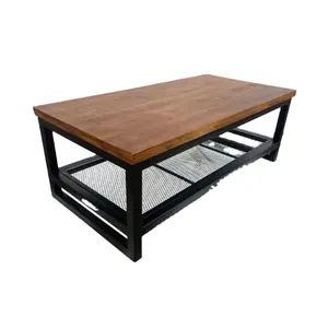 卸売アクセント家具伝統的なティーテーブル工業用金属ベース木製トップコーヒーテーブル収納棚付き