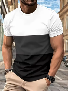 Camiseta de manga corta y cuello redondo con patrón de rayas de contraste de color para hombre, camiseta informal elegante de verano para hombre - Product Image 6