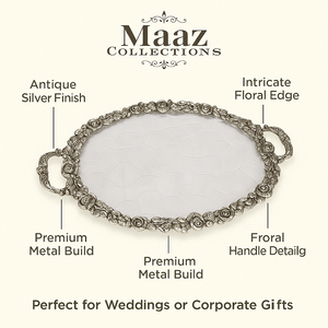 Bandeja Decorativa de Metal Floral Plateado Antiguo Artesanal Colecciones Maaz - Product Image 2