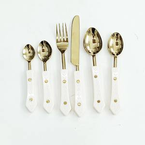 <b>White</b> Embossed Handmade Handle Stainless Steel Metal Cutlery <b>Set</b> Shiny <b>Gold</b> Plated PolishedSpoons for Weddings - Product Image 1