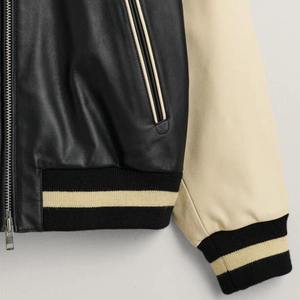 Veste universitaire en cuir pour homme sur mesure, logo brodé de la marque, doublure matelassée, fermeture éclair, col montant, manches contrastées, blouson bomber - Product Image 5