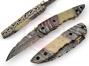 Premium Quality Handmade Damascus Steel Folding <b>Knife</b> Outdoor Pocket <b>Knife</b> With Leather Sheath - Product Image 5