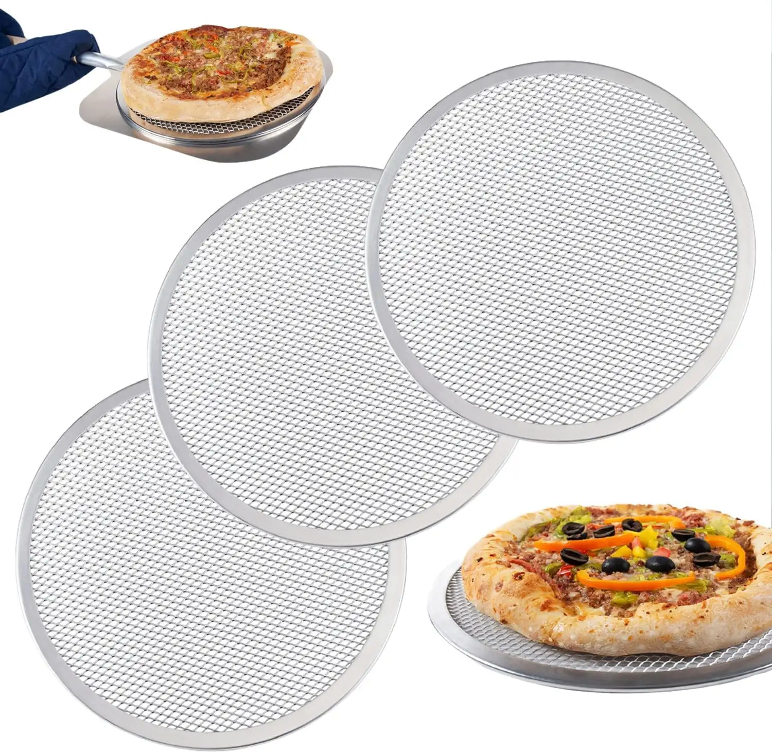 도매 제조 업체 맞춤형 로고 알루미늄 원활한 피자 팬 라운드 요리사의 베이킹 스크린 피자 스크린 트레이