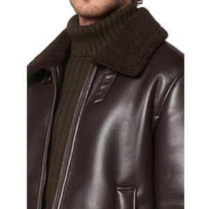 Veste moto en cuir véritable marron foncé pour homme, col rabattu, fermeture éclair, doublure en fausse fourrure, vêtements d'hiver - Product Image 6