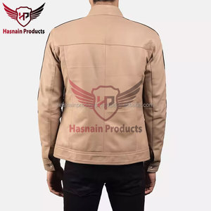 Chaqueta de Cuero Beige Auténtico para Hombre, Cuello con Broches, Manga con Raya Negra, Estilo Café Racer, Personalizada, Vintage, Ropa de Invierno - Product Image 4