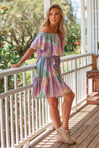 Meilleure collection de qualité supérieure Robe courte d'été imprimée à manches courtes et à épaules dénudées, longueur genou - Product Image 4