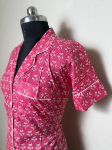 <b>Womens</b> Pink Floral Print Cotton <b>Shirt</b> <b>Short</b> <b>Sleeve</b> Casual Button-Down <b>Shirt</b> Pink with <b>White</b> Print - Product Image 3