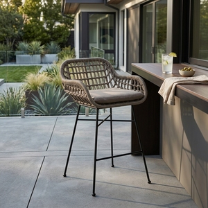 Chaise de salle à manger d'extérieur tressée grise avec structure en tuyau de fer, cordes synthétiques, coussin en tissu d'extérieur Sr10, design artistique et décoratif - Product Image 2