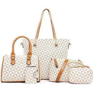 Ensemble de sacs en toile à carreaux pour femmes avec poignées en cuir PU Sac fourre-tout Sac à bandoulière Portefeuille cosmétique Ensemble complet - Product Image 3