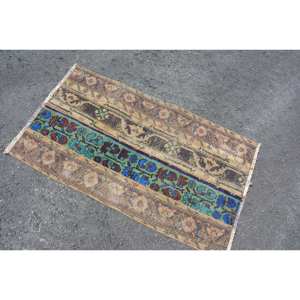 Tapis Turc Vintage 2.3x3.9ft Bleu Beige Plat Tissage Laine Patchwork Design pour Salon ou Couloir Décorations - Product Image 2