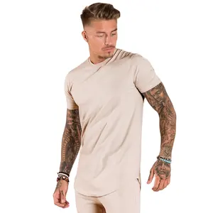 Venta al por mayor personalizado 100% algodón hombres Slim Fit Camiseta larga caída dobladillo curvo cuello redondo músculo Fitness hombres gimnasio camiseta - Product Image 1