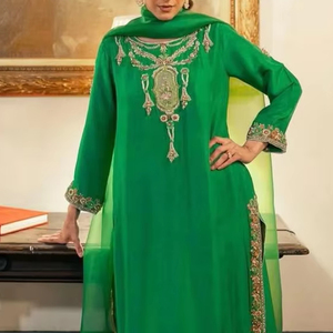 2025 @ Kurta largo indio/pakistaní para mujer, elegante pantalón y vestido Dupatta con Dabka adornado, piedra, Resham, trabajo de perlas - Product Image 1