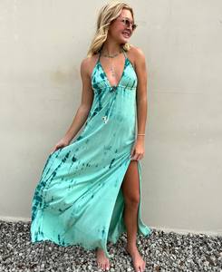 À la mode plage côté Bliss rayonne cravate teinture col en V profond femmes Spaghetti dos nu Maxi longue robe haute jambe pour les vacances d'été Vibes - Product Image 1