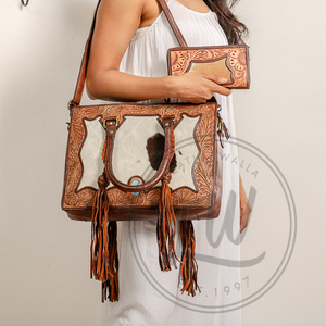 Handmade Large Cowhide Tote <b>Shoulder</b> Bag Genuine Leather with Tooling Patch Mid Hairon <b>Straps</b> Portable Feature Matching Design - Product Image 3