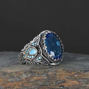 Anillo de Hombre de Plata de Ley 925 de Alta Calidad, Estilo Otomano, con Piedra de Ágata Yamen Natural, Hecho en Turquía, Azuris - Product Image 2