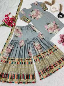 Nuevo diseño Venta caliente Pure Chinon Silk Hermoso bordado e impresión digital Top con Palazzo y Dupatta Set Listo para usar - Product Image 3