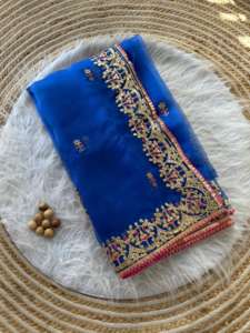 Nouveau sari élégant en coton slub pour les fêtes, avec broderie sur toute la surface, manches bouffantes et manches longues pour femmes - Product Image 4