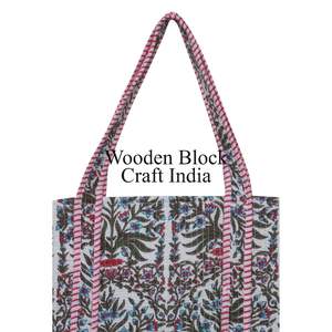 Sac fourre-tout matelassé en coton indien fait main, style bohème vintage, avec deux compartiments ouverts tendance, imprimé au bloc personnalisé, cadeau sur mesure - Product Image 2