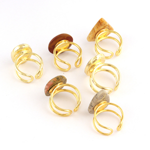 Labradorite de feu vert naturel double bande bague réglable cabochon rond bagues réglables en laiton or bijoux pour hommes et femmes - Product Image 4