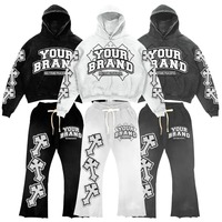 Sudadera Corta con Estampado Personalizado, Lavado Ácido, Completamente Decorada con Pedrería, Pantalones Deportivos Acampanados para Hombre, Conjunto Deportivo de Algodón
