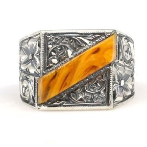 925 Sterling <b>Silver</b> Men's Cluster <b>Ring</b> Square Stone Amber Handcrafted Geometric <b>Statement</b> <b>Ring</b> for Everyday Wear GRS Certified - Product Image 5