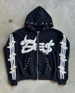 Sudadera con capucha para hombre, ropa de calle personalizada de 500GSM, algodón, diamantes de imitación, lavado con ácido desteñido al sol, parche desgastado, bordado recortado con cremallera - Product Image 3