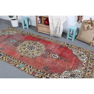 Tapis turc vintage, grand tapis de 4,3 x 9,6 pieds, tapis en laine Ikat rouge et bleu - Product Image 4