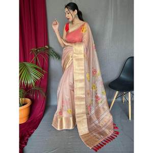 Astonishing Peach Pichwai Print Organza Performance Wear Saree with <b>Blouse</b> for Events - Product Image 1