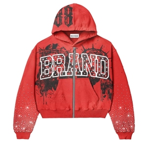Sweat à capuche oversize pour homme, coupe régulière, style streetwear, 400 GSM, avec fermeture éclair, logo brodé en coton et strass, effet délavé vintage - Product Image 3