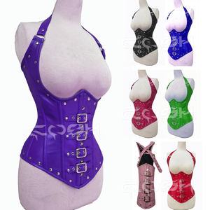 Premium Quality Purple Genuine Leather Underbust Waist Trainer Halter Neck Corset With Front <b>Strap</b> <b>Buckles</b> - Product Image 4