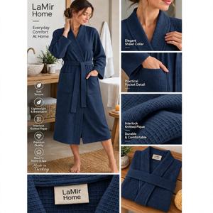 Peignoir de luxe en coton interlock tricoté gaufré, doux et confortable, unisexe, pour hôtel et spa, fabriqué en Turquie - Couleur bleu marine - Product Image 6