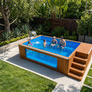 Piscina rectangular de acero sobre suelo, tipo spa para exteriores, con escalera de seguridad y plataforma de madera. - Product Image 5