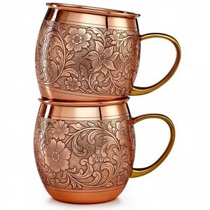 Ensemble de 2 mugs à Moscow Mule en cuivre pur fait à la main, finition martelée et polie, mug vintage en cuivre pour café et eau avec poignée en corde - Product Image 3