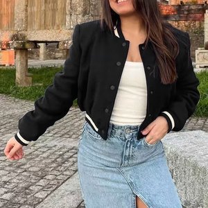 Veste universitaire pour femmes manches en cuir véritable corps en laine teint uni Letterman respirant tricoté automne saison en gros - Product Image 3