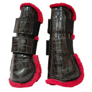 Bottes de tendon de cheval à motif crocodile noir avec doublure en fausse fourrure rouge, couleur personnalisable, haute qualité pour l'entraînement sportif et le saut d'obstacles - Product Image 1