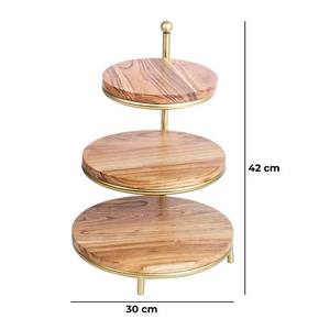 Soporte de Servicio de 3 Niveles de Madera de Acacia con Marco de Metal Dorado, Elegante Bandeja de Exhibición de Postres, Organizador de Mesa Duradero y Estilizado - Product Image 2