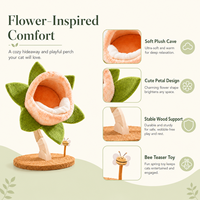 Arbre à chat botanique en forme de fleur, avec perchoir en peluche et décorations en feuilles, en MDF écologique et polaire, durable, facile à assembler, pour intérieur, emballage carton