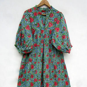 Robe longue en coton imprimé floral de couleur mélangée pour femmes avec des robes hippi d'été boutonnées - Product Image 1