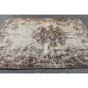 Turkish Vintage Rug, 6.6x9.3 ft Rug, <b>Brown</b> White Striped <b>Wool</b> Rug - Product Image 3