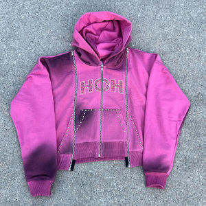 Chándal Deportivo Personalizado de Hip Hop para Hombre, Estilo Urbano, Lavado Desteñido al Sol, con Pedrería y Diseño de Tres Cremalleras, el Más Vendido - Product Image 2