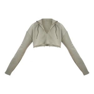 Hot Sale Cropped Raw Hem Pullover Hoodie for Women Cheap Price <b>Small</b> Size Cut-Out Design Streetwear Light Weight Hoodie Women - Product Image 1