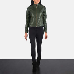 Custom Cowhide <b>Leather</b> Biker <b>Jacket</b> with Green <b>Suede</b> Quilting for Ladies - Product Image 3