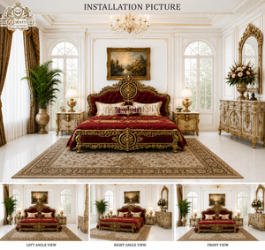 Juego de Dormitorio de Madera Maciza Tallada en Dorado y Terciopelo Rojo de Alta Gama, Diseño Maharaja, para Interiores de Lujo - Product Image 6